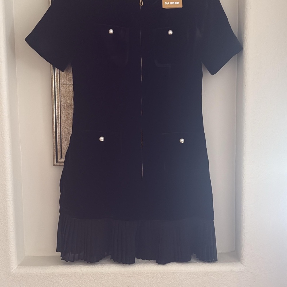 Sandro Black Short-Sleeve Zip Front Dress with Pleated Hem
